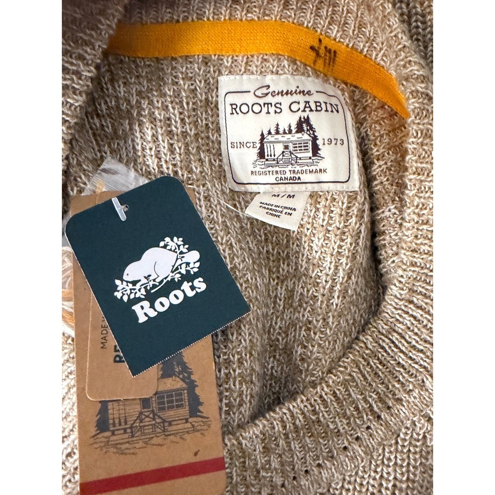 Roots Cabin Women Tan Marl Knit Raglan Crewneck Sweater Yellow Stripe Cuff M - Picture 5 of 5
